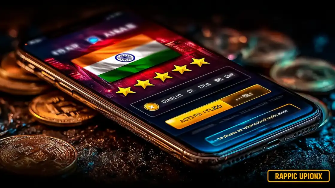 Close-up of a smartphone with the Indian flag and five gold stars on a gaming login screen, lying on a surface with gold coins and cryptocurrency tokens.
