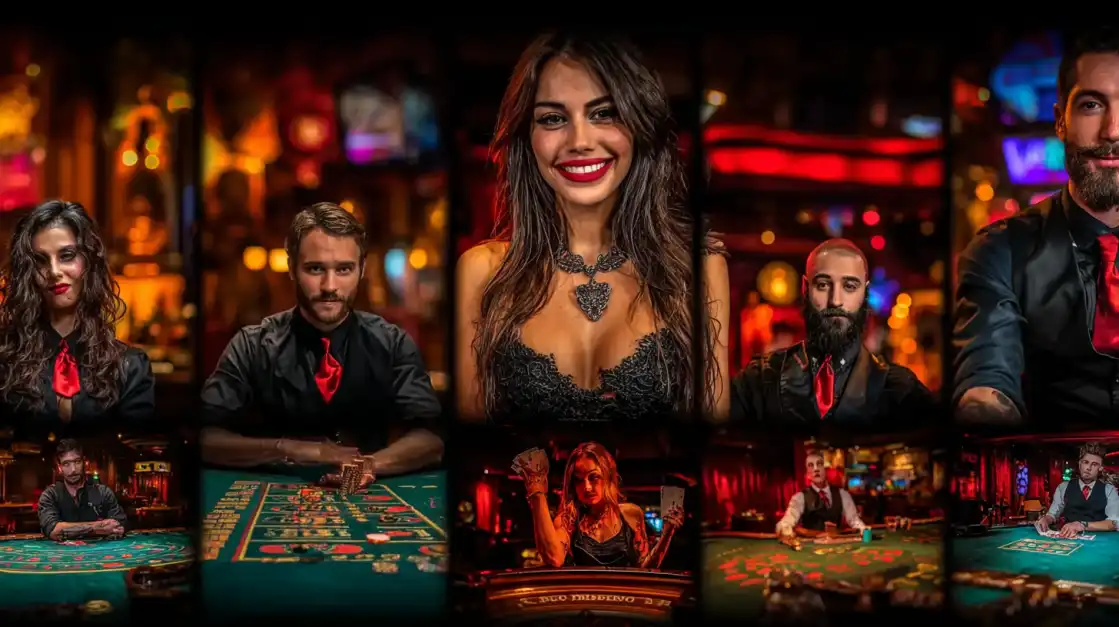 Collage of live casino dealers, including men and women dressed in black with red ties, seated at various gaming tables in a vibrant casino environment.