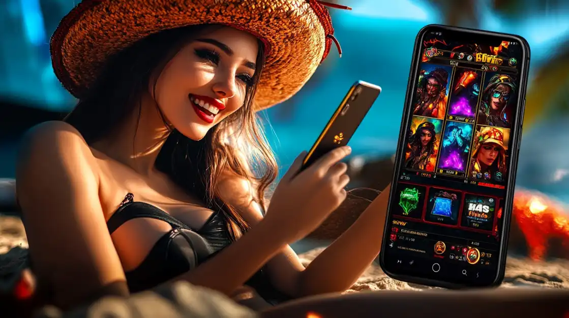 Smiling woman in a black bikini and straw hat holding a smartphone with a fantasy slot game interface while sitting on a sunny beach.
