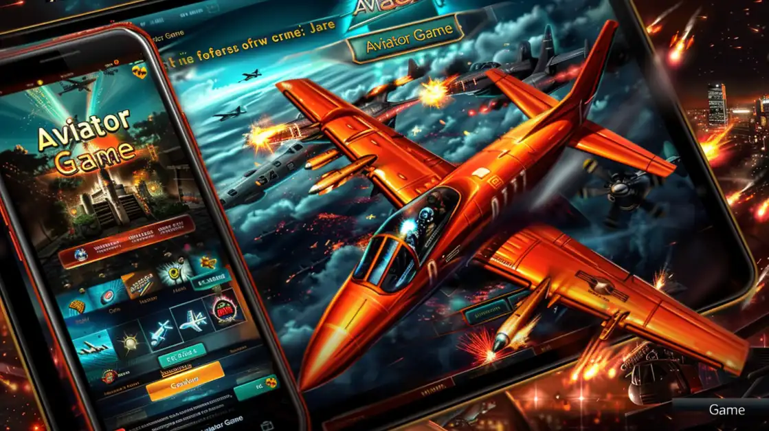 Dynamic scene of a bright orange fighter jet flying through a stormy battle sky with explosions, alongside a smartphone screen displaying the Aviator Game interface.