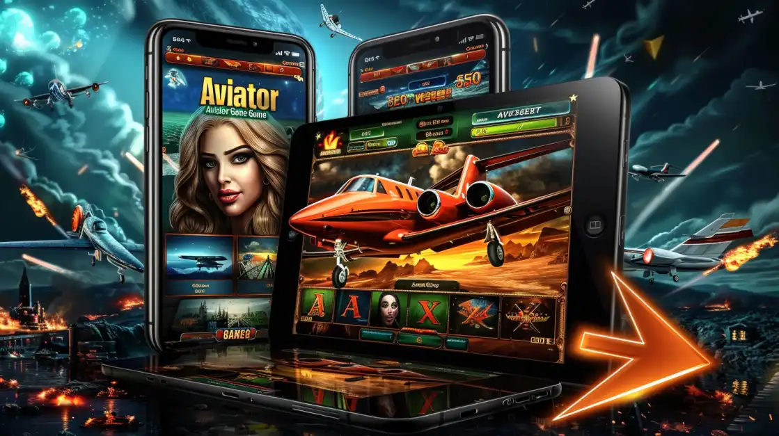 Multiple smartphones and tablets showing the Aviator Game with an orange jet on the runway, surrounded by dramatic battle skies and flying aircraft.