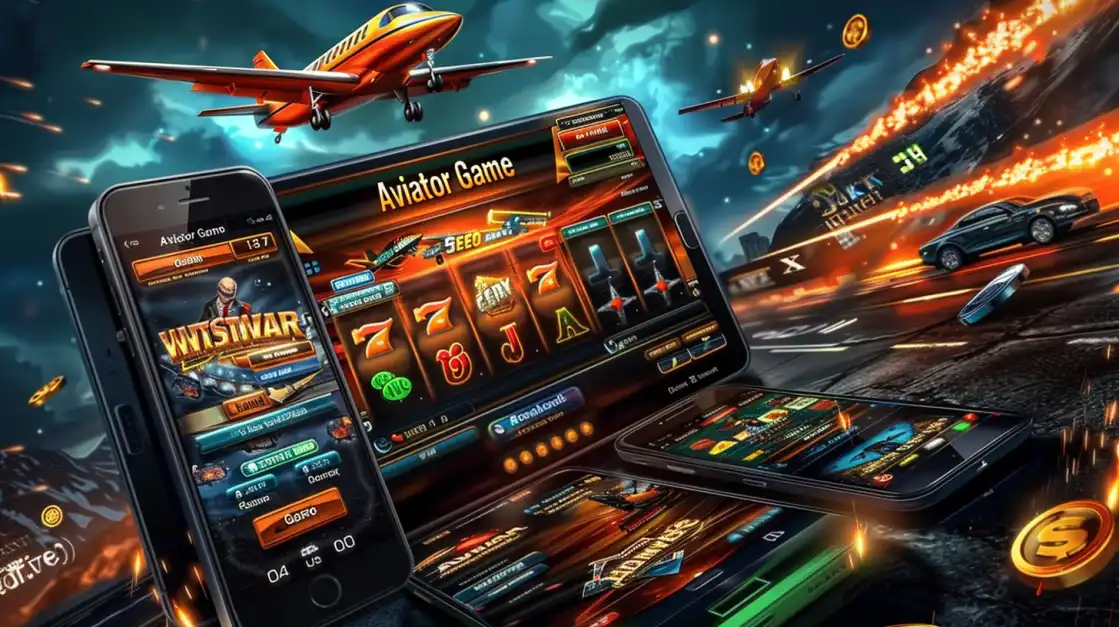 Array of smartphones and tablets showing Aviator Game slot reels with orange planes in mid-flight, set against a fiery runway and dramatic night sky.