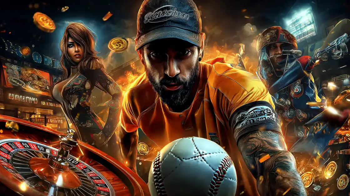 Intense man in an orange sports jersey and cap holding a baseball in the foreground, surrounded by a roulette wheel, a tattooed woman, and a futuristic casino background with flying gold coins.