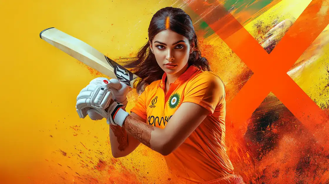 Focused woman in an orange cricket uniform with the Indian emblem, holding a bat mid-swing against a bold orange and yellow background with splattered paint effects.