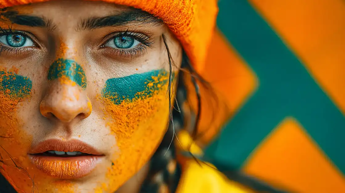Close-up portrait of woman with striking blue eyes wearing orange beanie and vibrant orange and teal face paint in artistic patterns against blurred colorful background