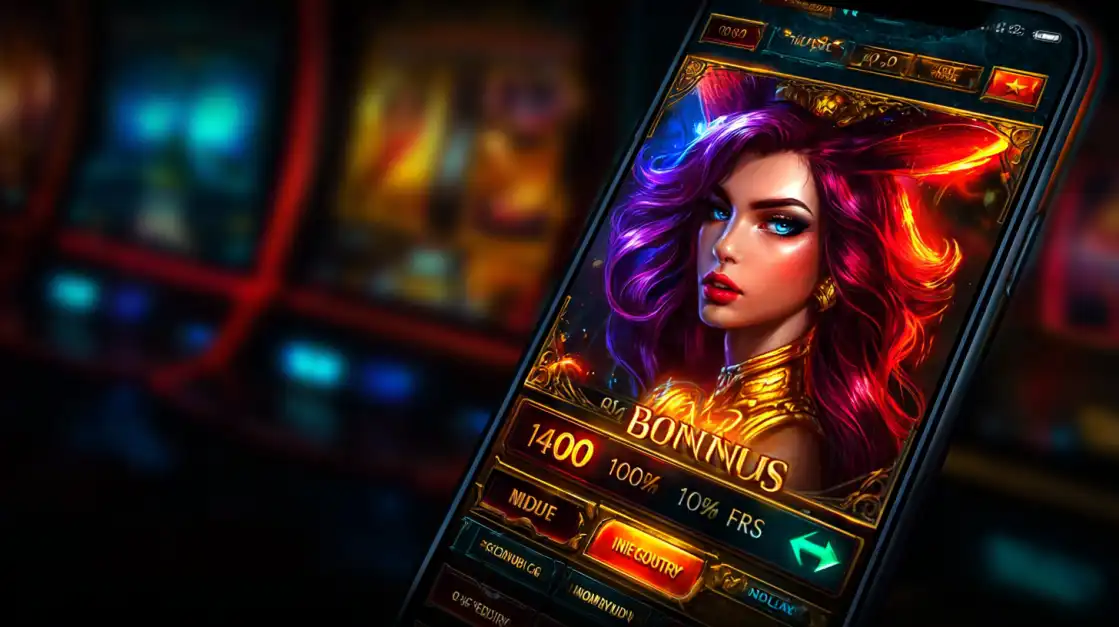 Smartphone screen displaying a fantasy-themed slot game featuring a woman with vivid pink hair and fox-like ears, with glowing gold accents.
