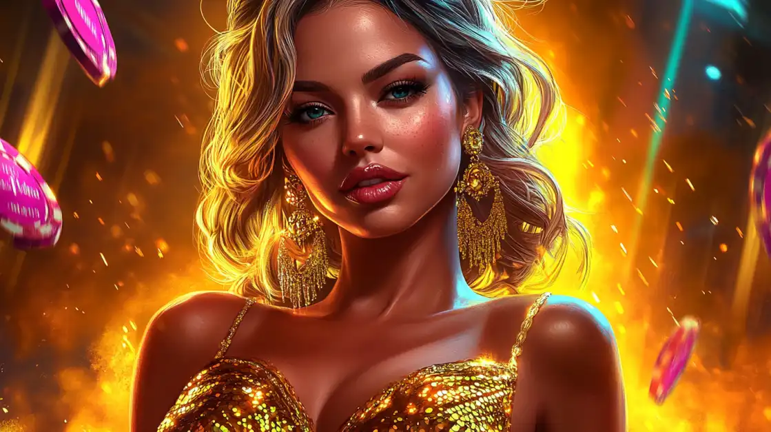 Elegant woman in a glittering gold dress and large earrings posing with glowing casino chips floating around her in a fiery golden background.