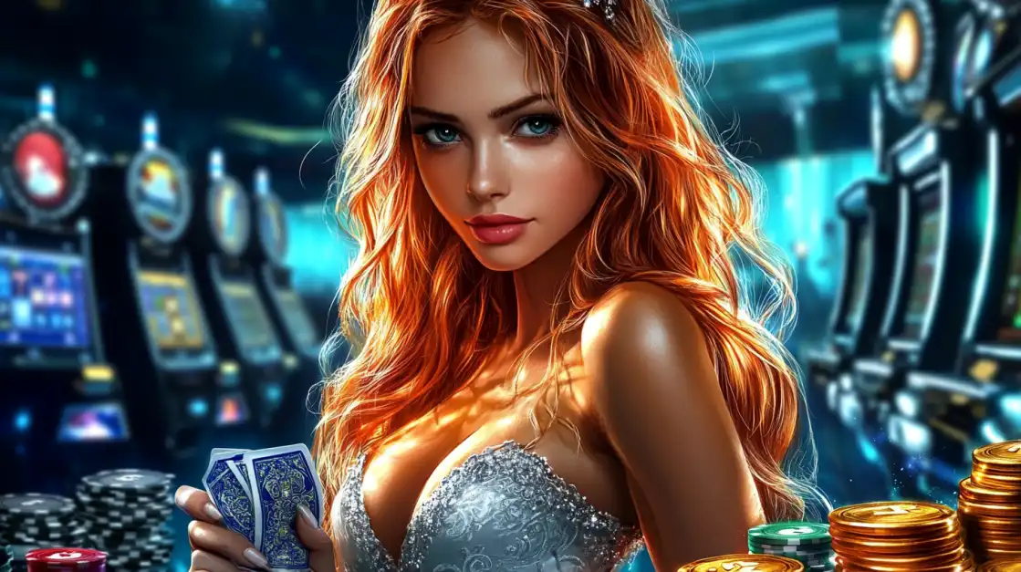 Beautiful red-haired woman in a white lace top holding poker cards at a casino table with stacks of chips, slot machines in the background.