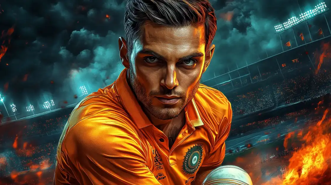 Handsome man in a bright orange cricket uniform with the Indian emblem, holding a cricket ball in a dramatic stadium setting with fiery and smoky effects.