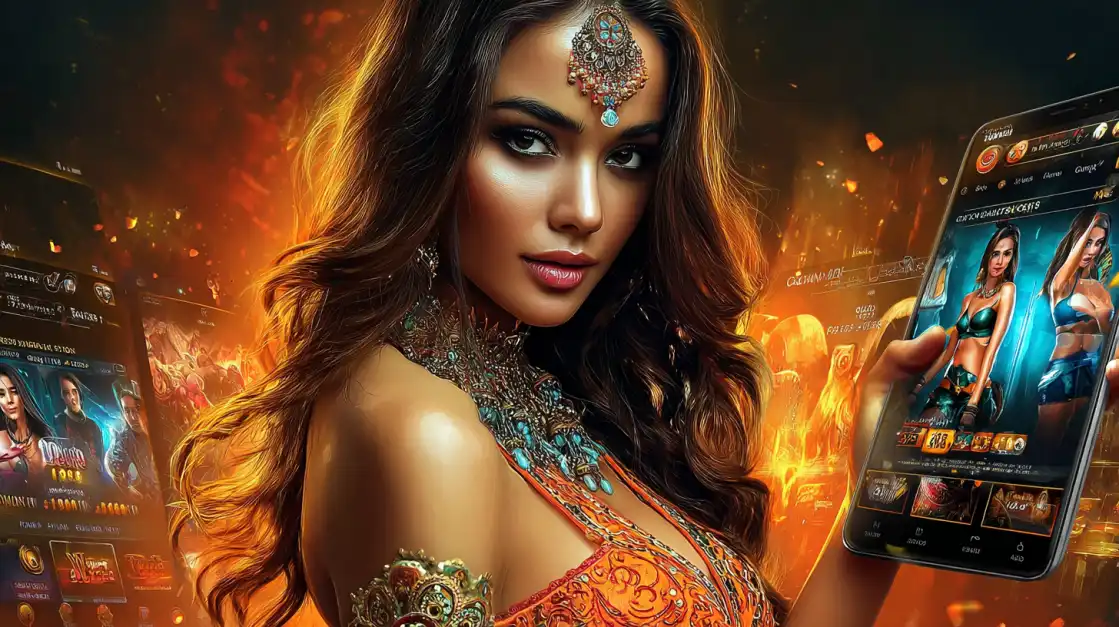 Beautiful woman in an ornate orange dress with jeweled accessories holding a smartphone showing a fantasy-themed slot game, with a fiery glowing background.