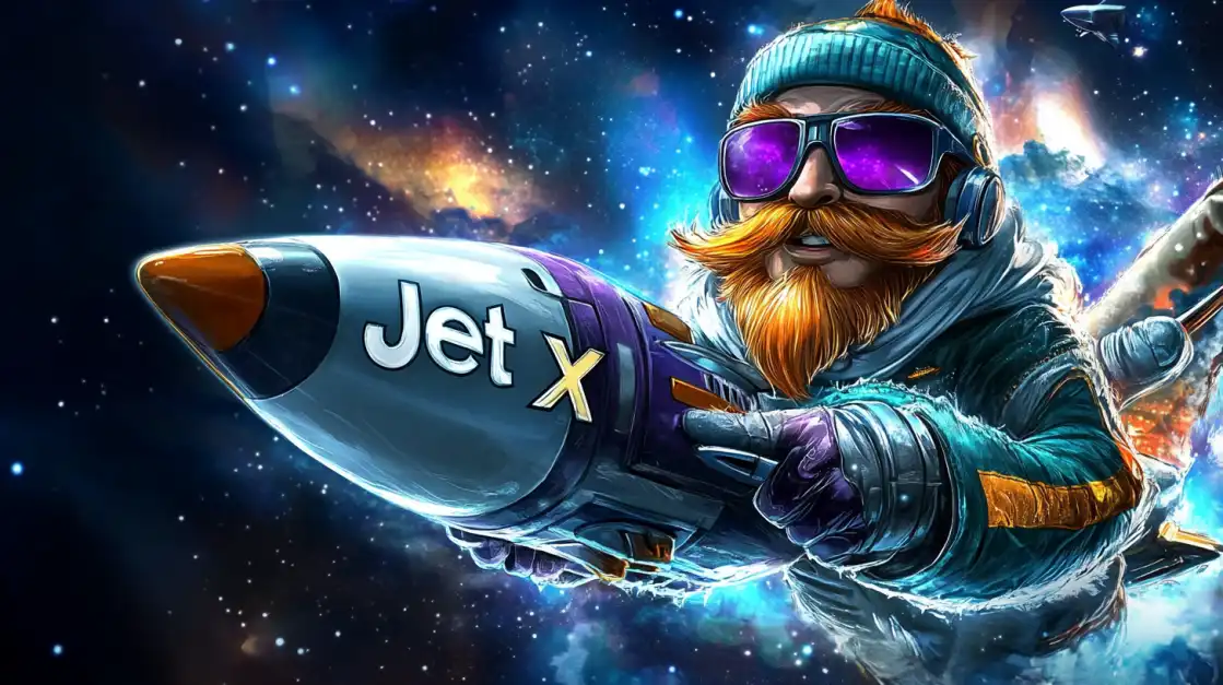 Cartoon-style bearded pilot in a blue beanie and purple sunglasses riding a rocket labeled JetX through a colorful galaxy background.