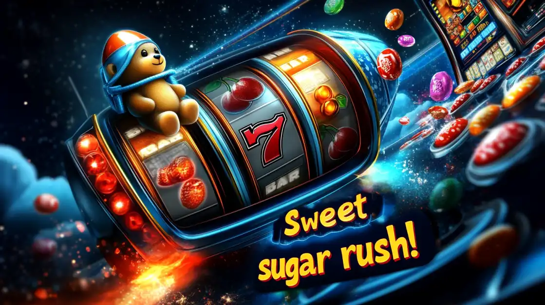 Cute teddy bear in a helmet sitting atop a spinning slot machine with cherries, sevens, and candy, surrounded by colorful sweets and the text Sweet sugar rush!