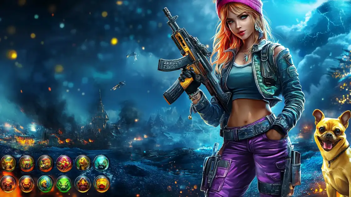 Stylish woman with orange hair wearing a pink beanie and purple pants holding an AK-47 rifle, standing with a small dog in a post-apocalyptic battlefield.
