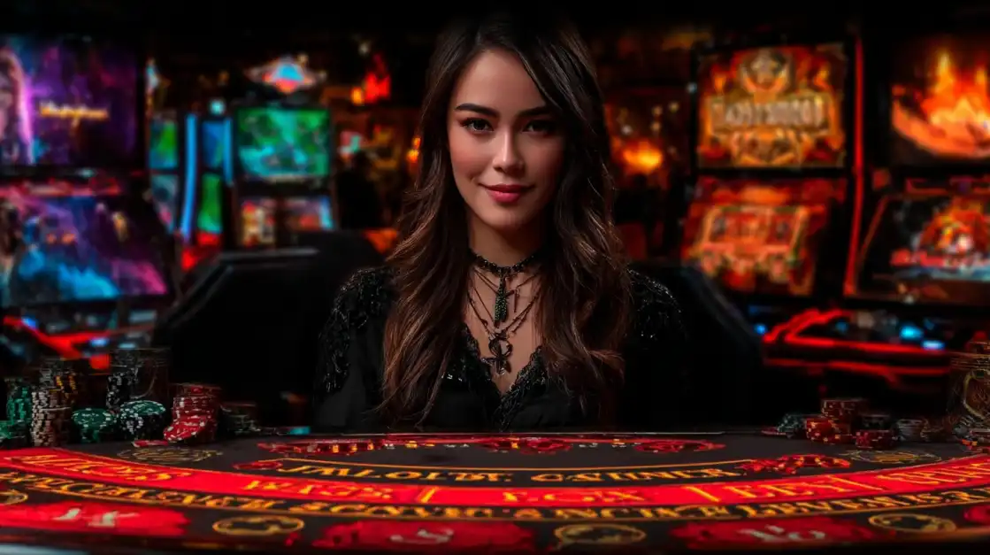 Elegant female casino dealer with long brown hair in a black dress, sitting at a red and black game table in a vibrant casino filled with slot machines.
