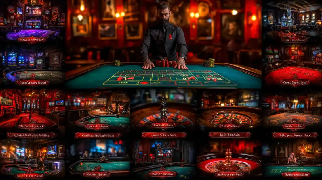Montage of casino scenes featuring a male dealer at a roulette table in the center, surrounded by various themed gaming tables in rich red and gold interiors.