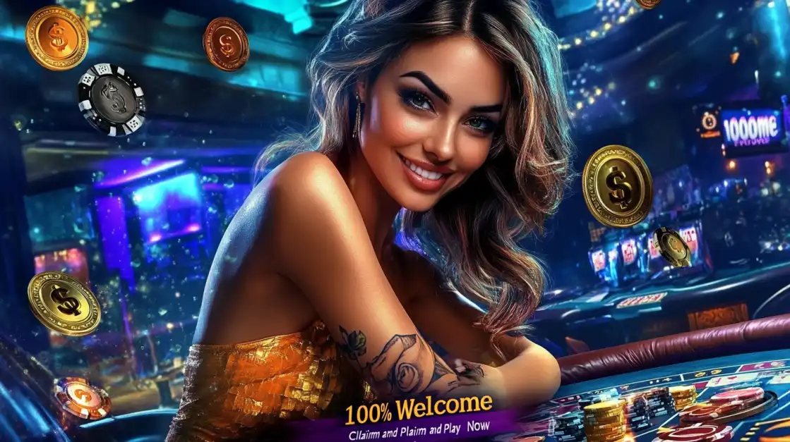Smiling woman in a shimmering gold dress leaning on a casino table, surrounded by floating gold coins and poker chips with a glowing slot machine background.