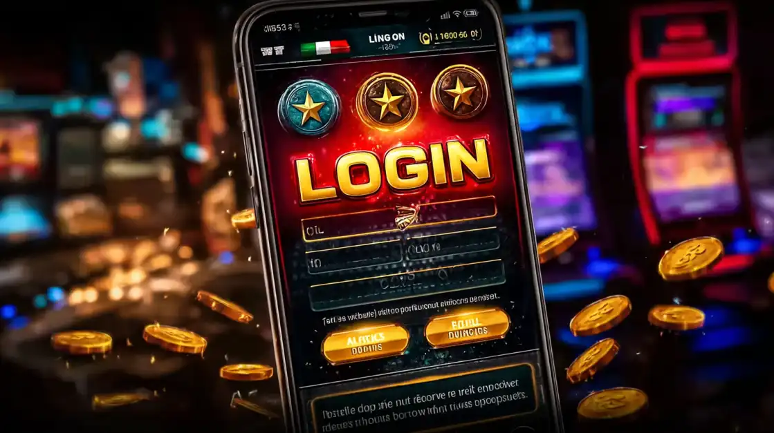 Smartphone displaying a casino login screen with the Indian flag and star ratings, surrounded by falling golden coins in a blurred casino background.