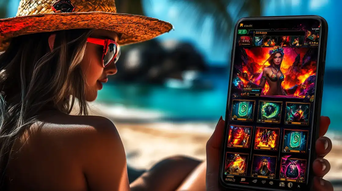 Woman in a straw hat and red sunglasses relaxing on a tropical beach while holding a smartphone showing a fiery fantasy slot game interface.
