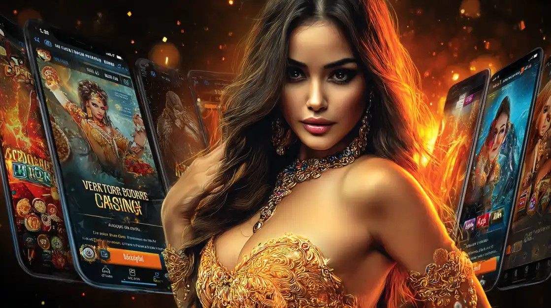 Gorgeous woman in an ornate gold dress standing among multiple smartphone screens displaying colorful online slot games.