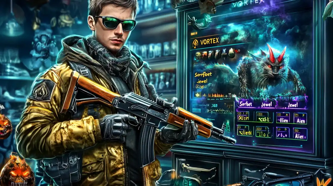 Cool man in a yellow jacket and sunglasses holding an AK-47 in front of a futuristic game screen showing a demonic cat-like creature named Vortex.