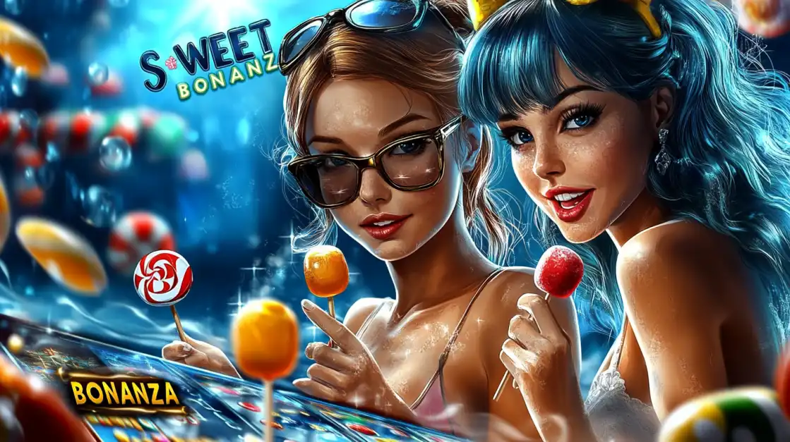 Two glamorous young women holding lollipops in front of a candy-themed slot machine with the words Sweet Bonanza in a bright, colorful setting.