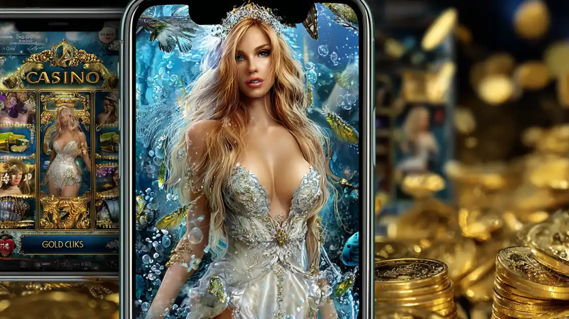 Beautiful blonde mermaid-like woman in a white jeweled dress surrounded by fish and underwater scenery, displayed on a smartphone with a luxury casino slot game interface.